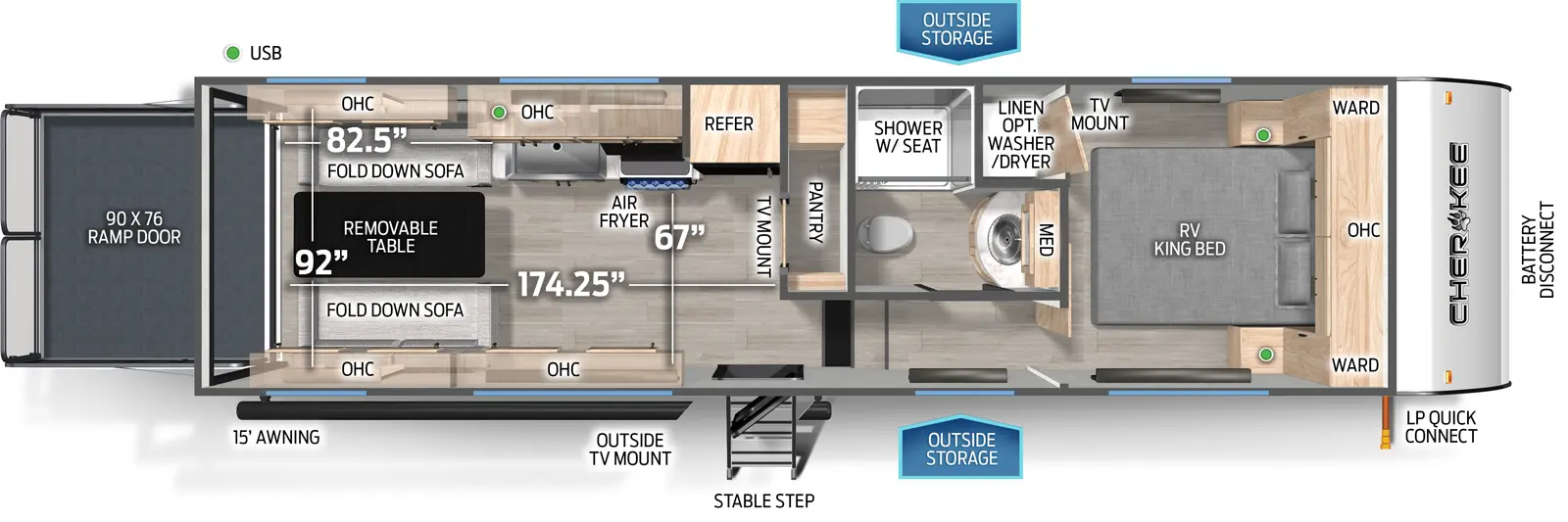 The Cherokee Black Label 256RRBL floorplan is a toy hauler that has one entry and zero slide outs. Exterior features include: fiberglass exterior and 15' awning. Interiors features include: front bedroom.